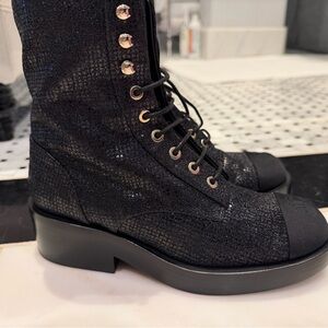 CHANEL Black Textured Combat Boots